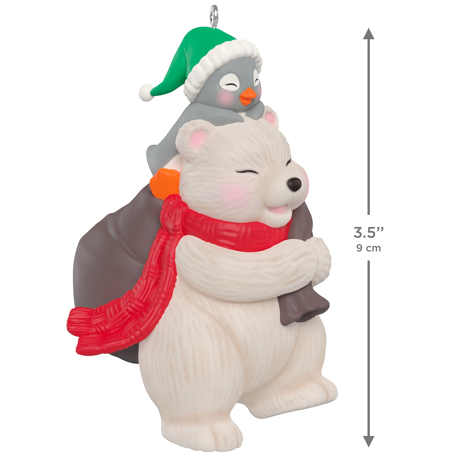 Snowball and Tuxedo Gift Givers, 26th in the series — 2026 Hallmark Keepsake Christmas Ornament featuring a polar bear with a red scarf and a penguin in a green hat, 9 cm tall.