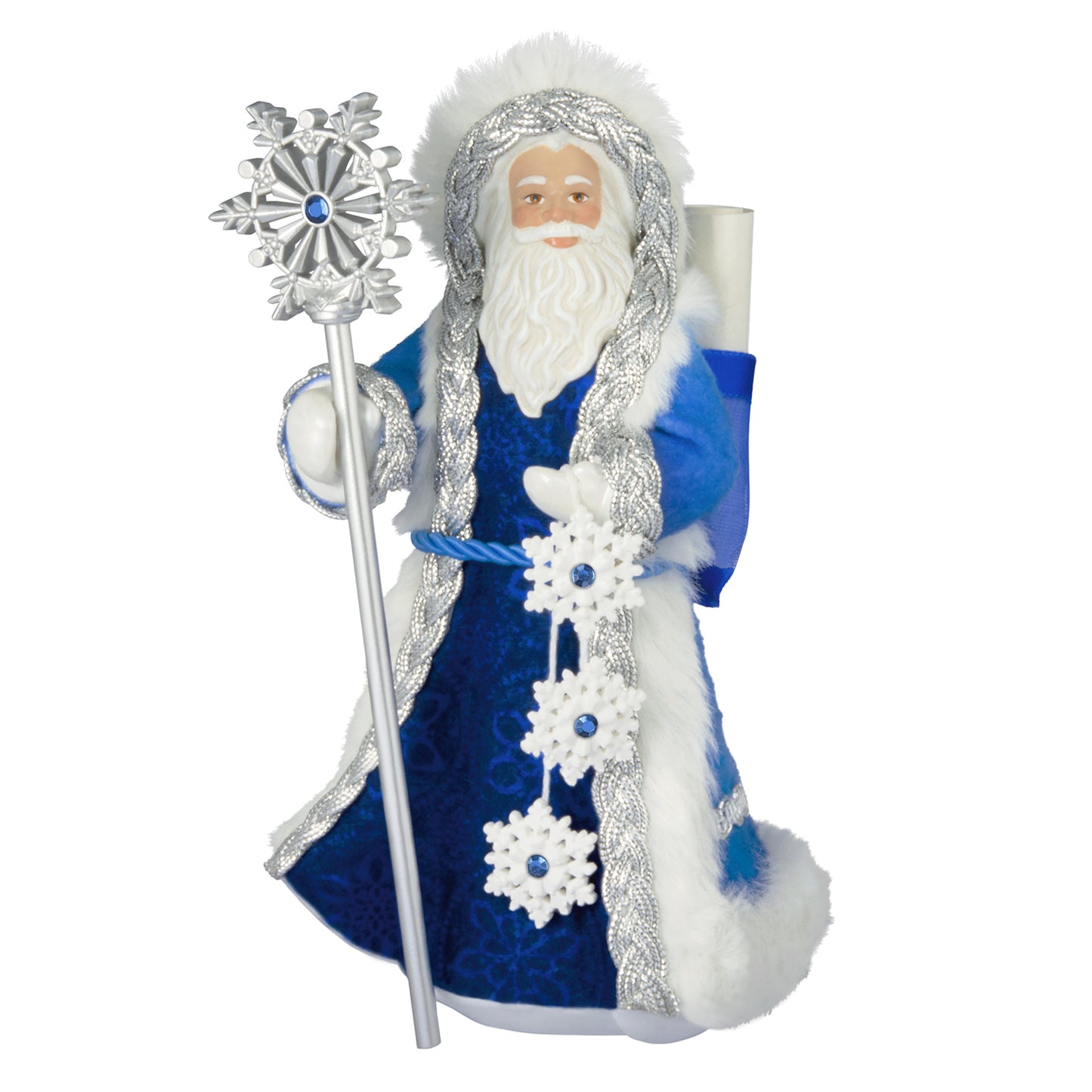 Father Christmas, 23rd in the series — 2026 Hallmark Keepsake Christmas Ornament, blue coat with faux fur, close up detail of snowflake staff.