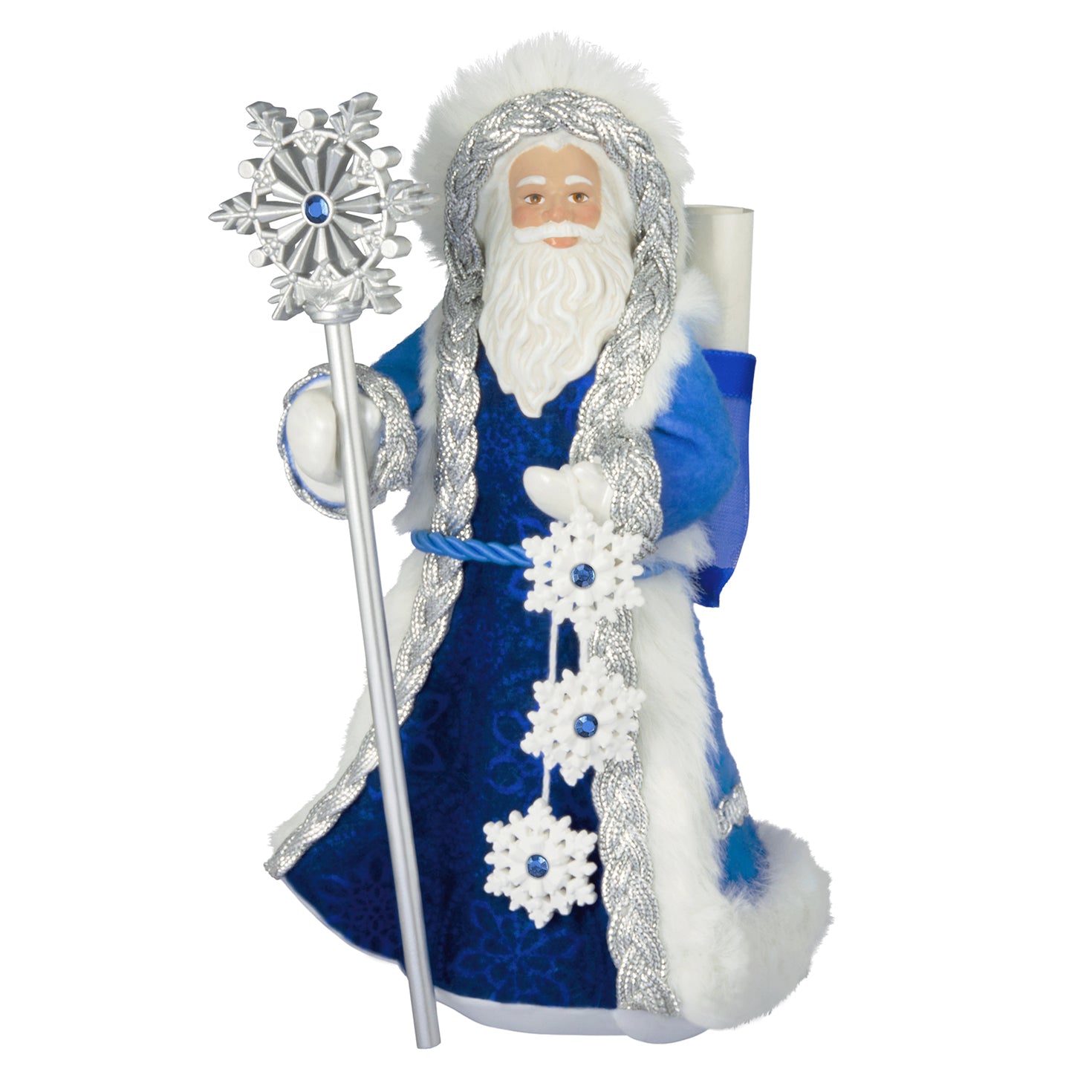 Father Christmas, 23rd in the series — 2026 Hallmark Keepsake Christmas Ornament, blue coat with faux fur, close up detail of snowflake staff.