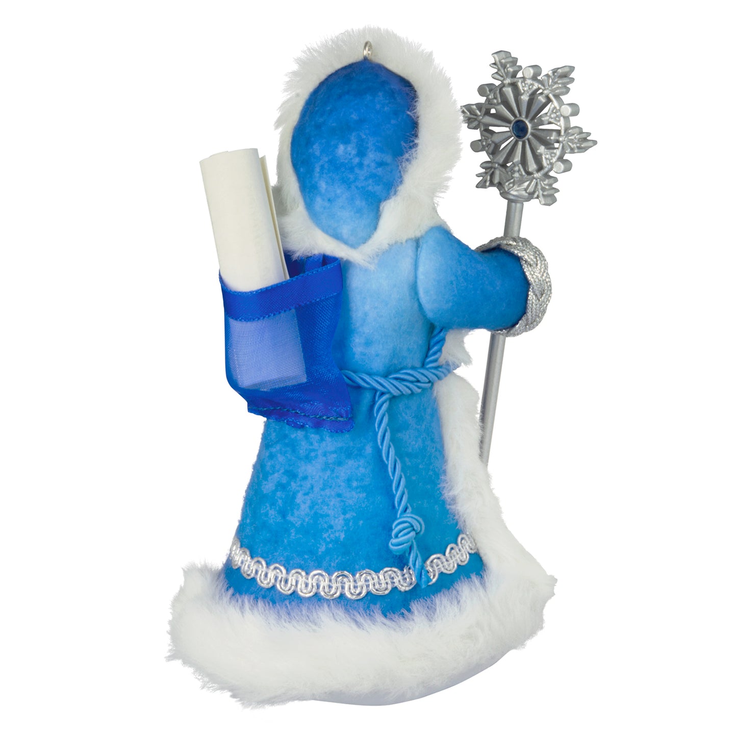 Father Christmas, 23rd in the series — 2026 Hallmark Keepsake Christmas Ornament, blue coat with fur trim, holding a scroll and silver staff, back view