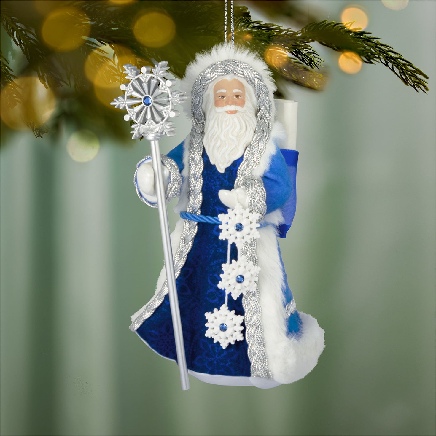 Father Christmas, 23rd in the series — 2026 Hallmark Keepsake Christmas Ornament featuring a blue coat, shimmery staff, and faux fur trim, hanging on a tree.