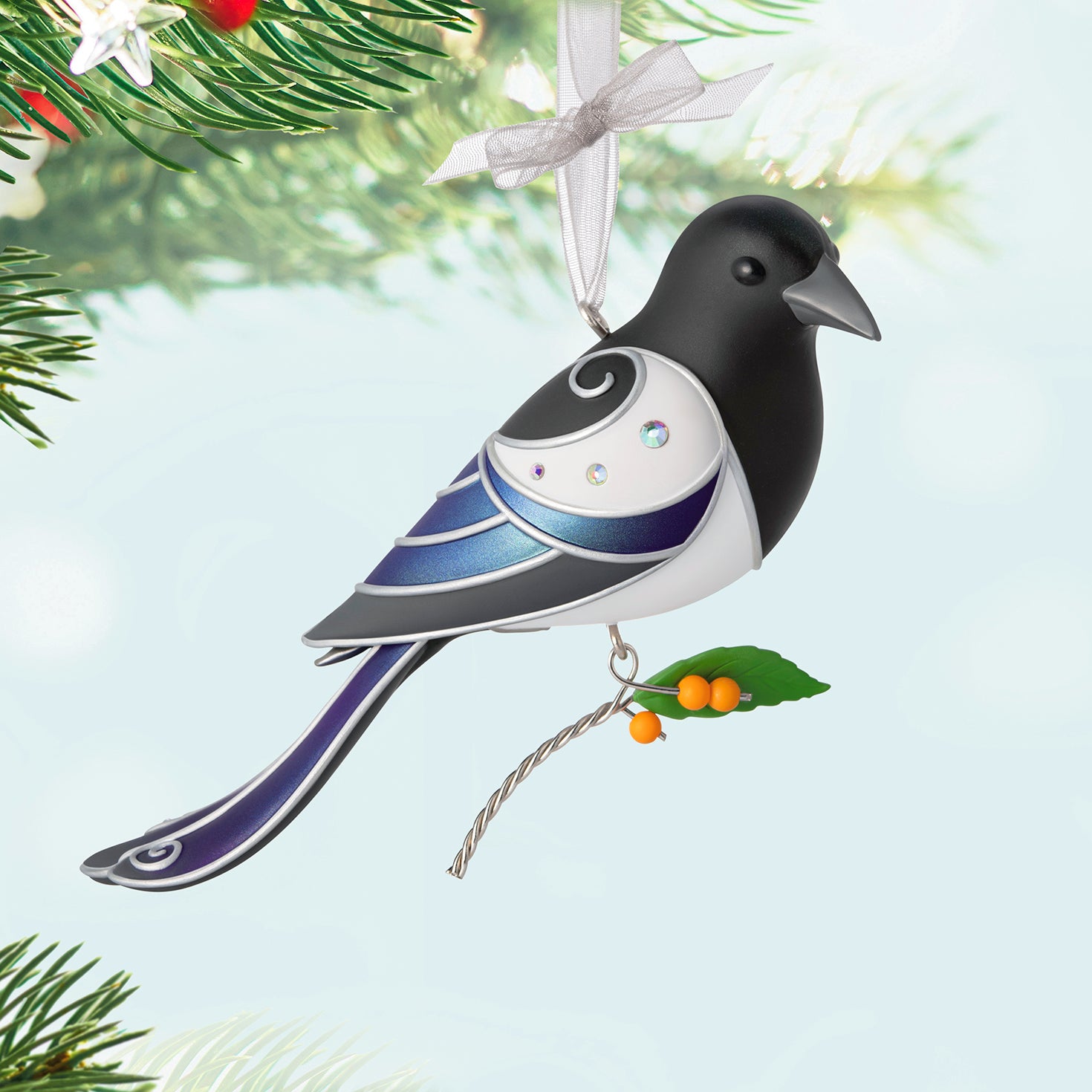 The Beauty of Birds Black-Billed Magpie, 22nd in the Series — 2026 Hallmark Keepsake Christmas Ornament with metallic silver details and hanging berry stem