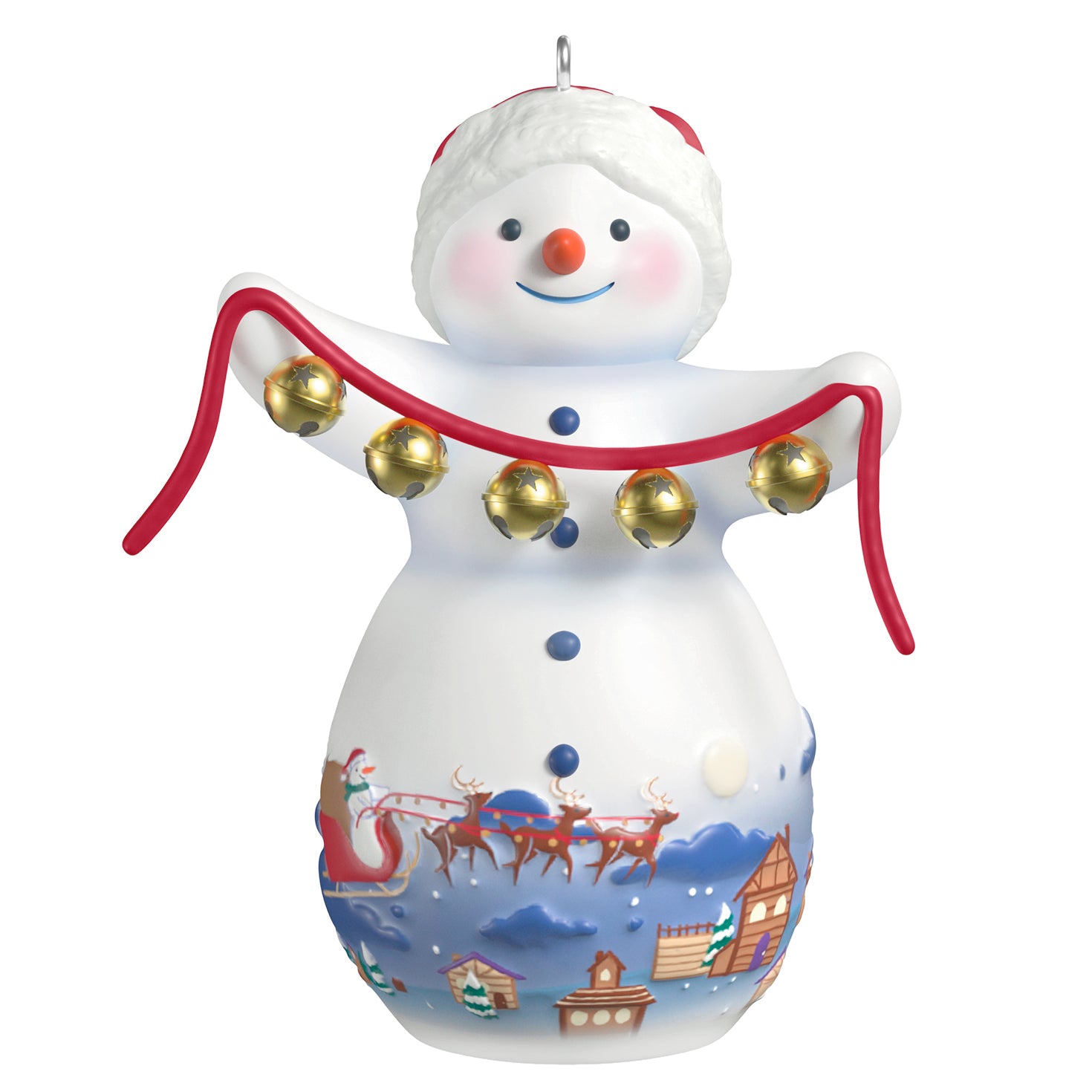 Snowtop Lodge Belle V. Holliday, porcelain Christmas ornament featuring a snowman with gold bells and festive sleigh scene.