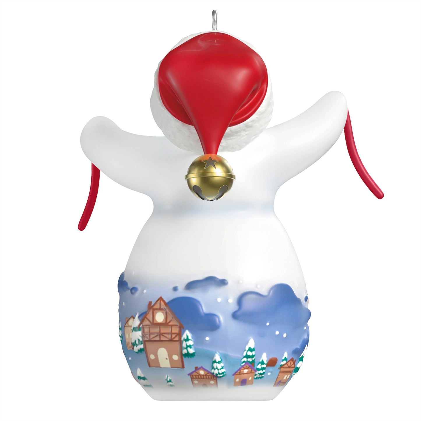 Snowtop Lodge Belle V. Holliday, porcelain Christmas ornament displaying a snowman in a red hat, featuring festive scenery around the base.