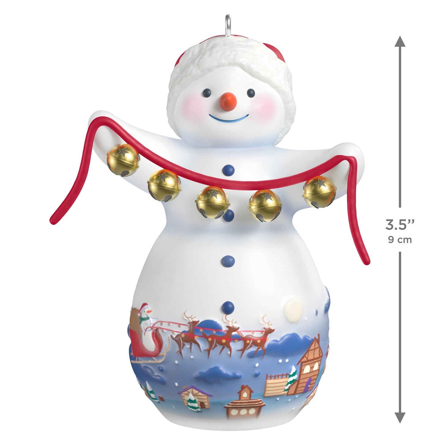 Snowtop Lodge Belle V. Holliday, porcelain, 22nd in the series — 2026 Hallmark Keepsake Christmas Ornament, featuring snowman with gold bells, front view.