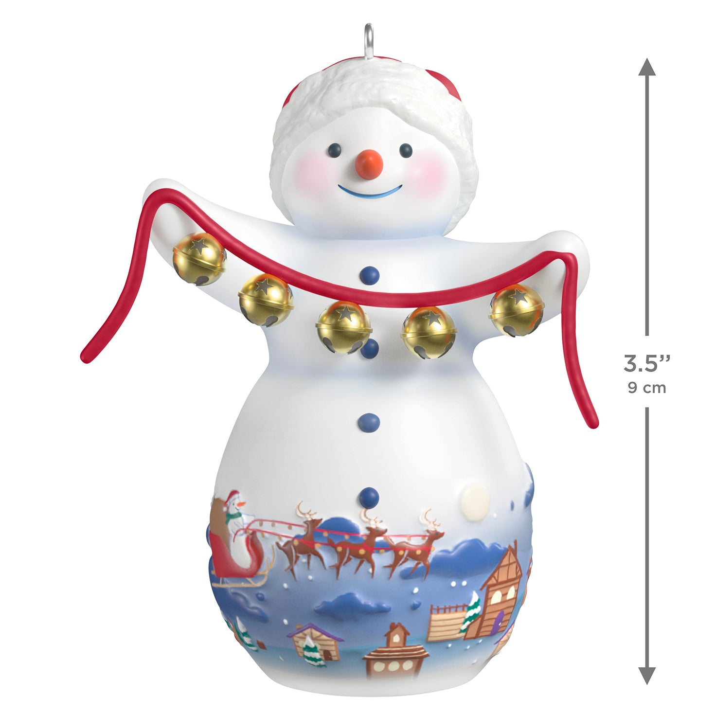 Snowtop Lodge Belle V. Holliday, porcelain, 22nd in the series — 2026 Hallmark Keepsake Christmas Ornament, featuring snowman with gold bells, front view.