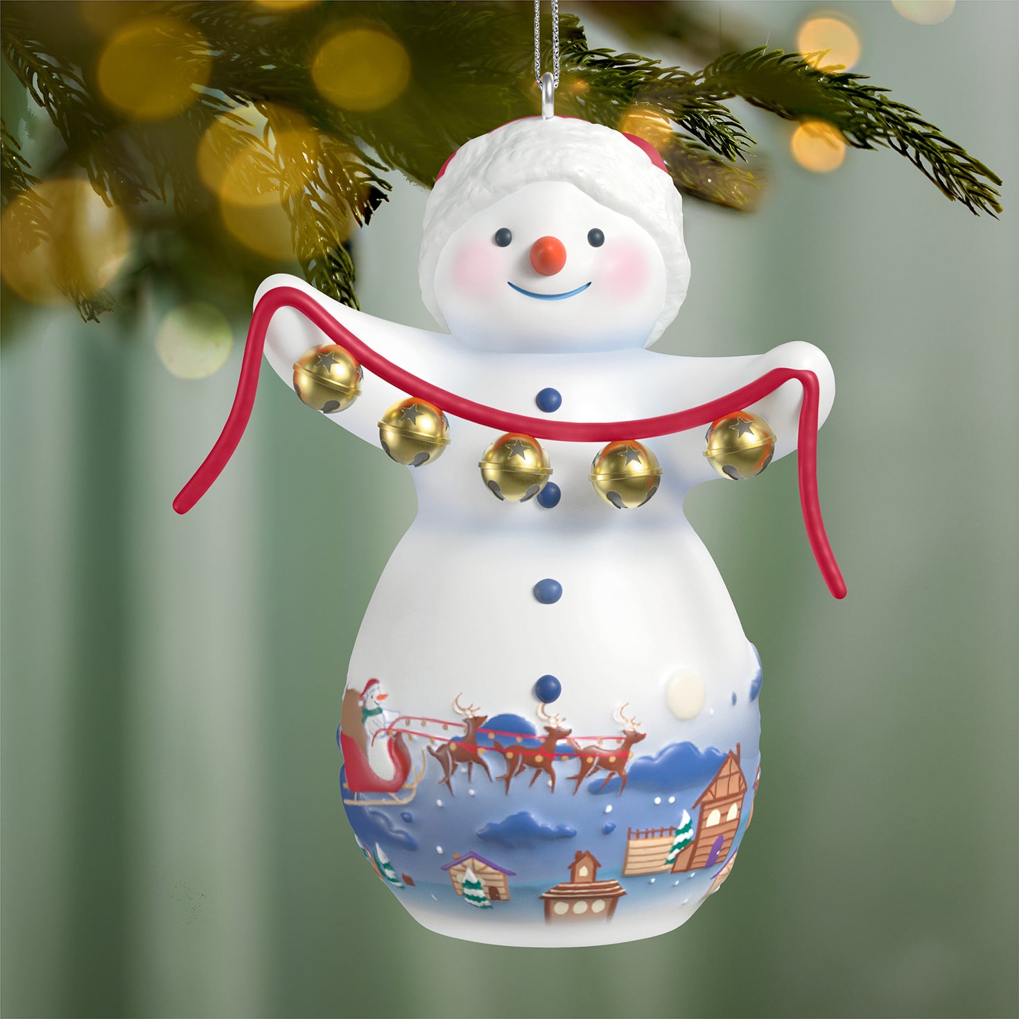 Snowtop Lodge Belle V. Holliday, porcelain, 22nd in the series — 2026 Hallmark Keepsake Christmas Ornament, close up view of snowman with bells.