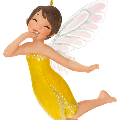 Fairy Messengers Crocus Fairy, 22nd in the Series — 2026 Hallmark Keepsake Christmas Ornament, bright yellow dress, sparkling wings, close-up view.