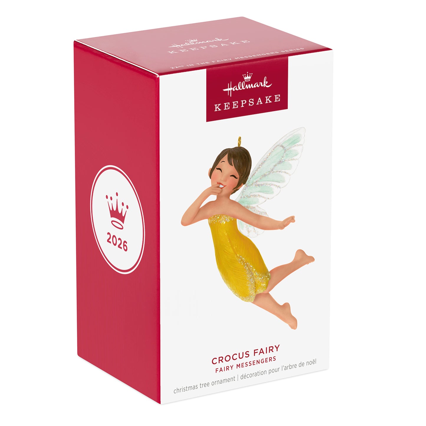 Fairy Messengers Crocus Fairy, 22nd in the Series — 2026 Hallmark Keepsake Christmas Ornament in packaging, features vibrant yellow dress and iridescent wings.