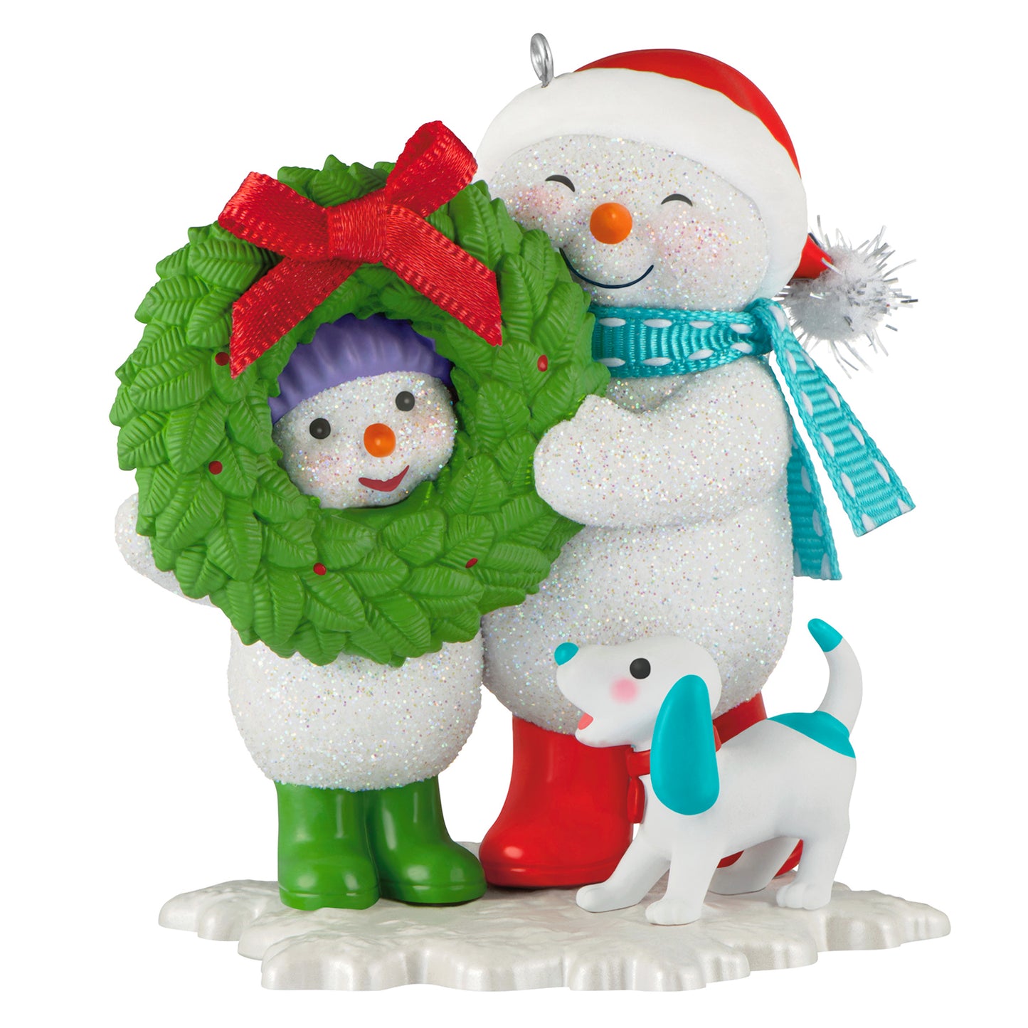 Making Memories Welcoming Wreath, 19th in the Series — 2026 Hallmark Keepsake Christmas Ornament, featuring a snowman and child with a wreath and a dog, close-up view.