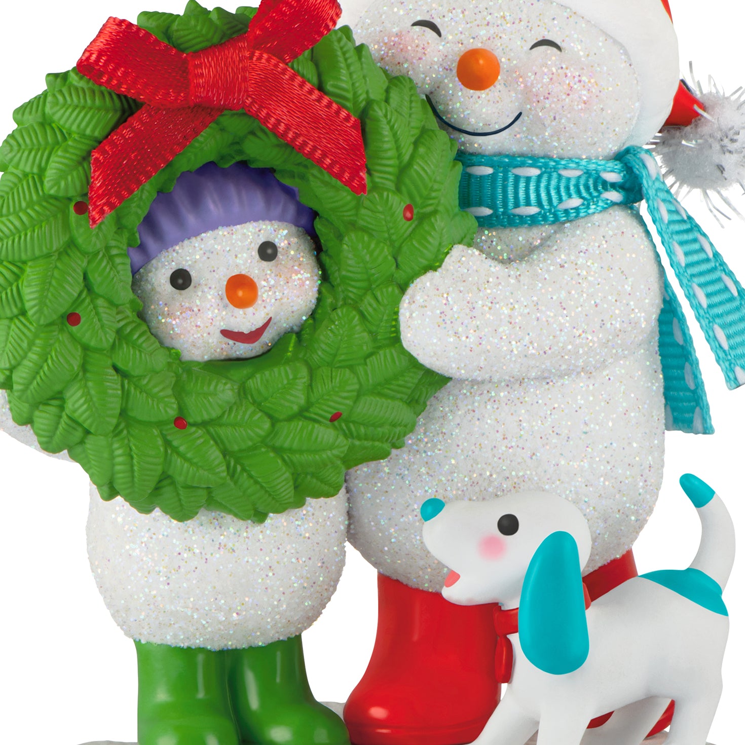 Making Memories Welcoming Wreath, 19th in the Series — 2026 Hallmark Keepsake Christmas Ornament featuring snowmen with a decorated wreath and a playful puppy.