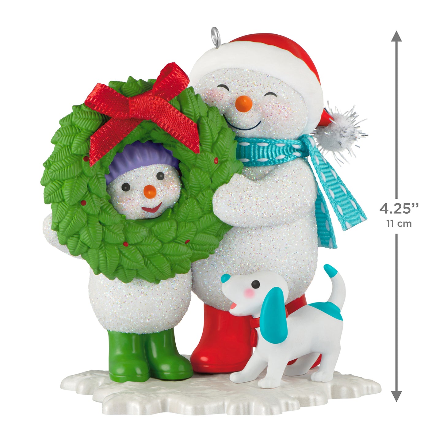 Making Memories Welcoming Wreath, 19th in the Series — 2026 Hallmark Keepsake Christmas Ornament featuring snowmen with wreath and dog, 11 cm tall.