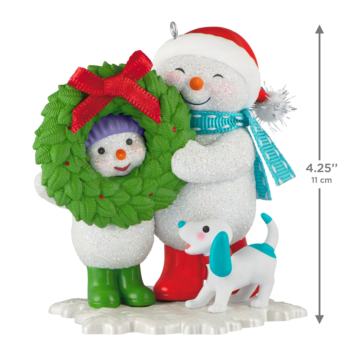Making Memories Welcoming Wreath, 19th in the Series — 2026 Hallmark Keepsake Christmas Ornament featuring snowmen with wreath and dog, 11 cm tall.