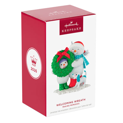 Making Memories Welcoming Wreath, 19th in the Series — 2026 Hallmark Keepsake Christmas Ornament in festive packaging, showing snowmen and dog.