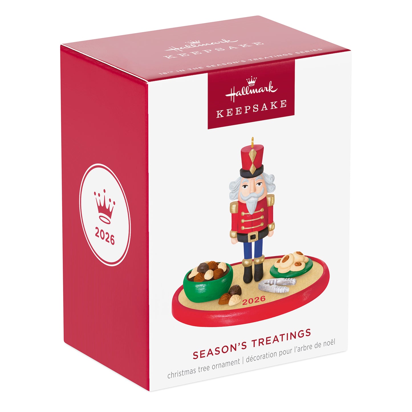 Season's Treatings 2026, 18th in the Series — 2026 Hallmark Keepsake Christmas Ornament box featuring a nutcracker, cookies, and nuts.
