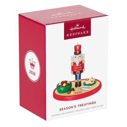 Season's Treatings 2026, 18th in the Series — 2026 Hallmark Keepsake Christmas Ornament box featuring a nutcracker, cookies, and nuts.