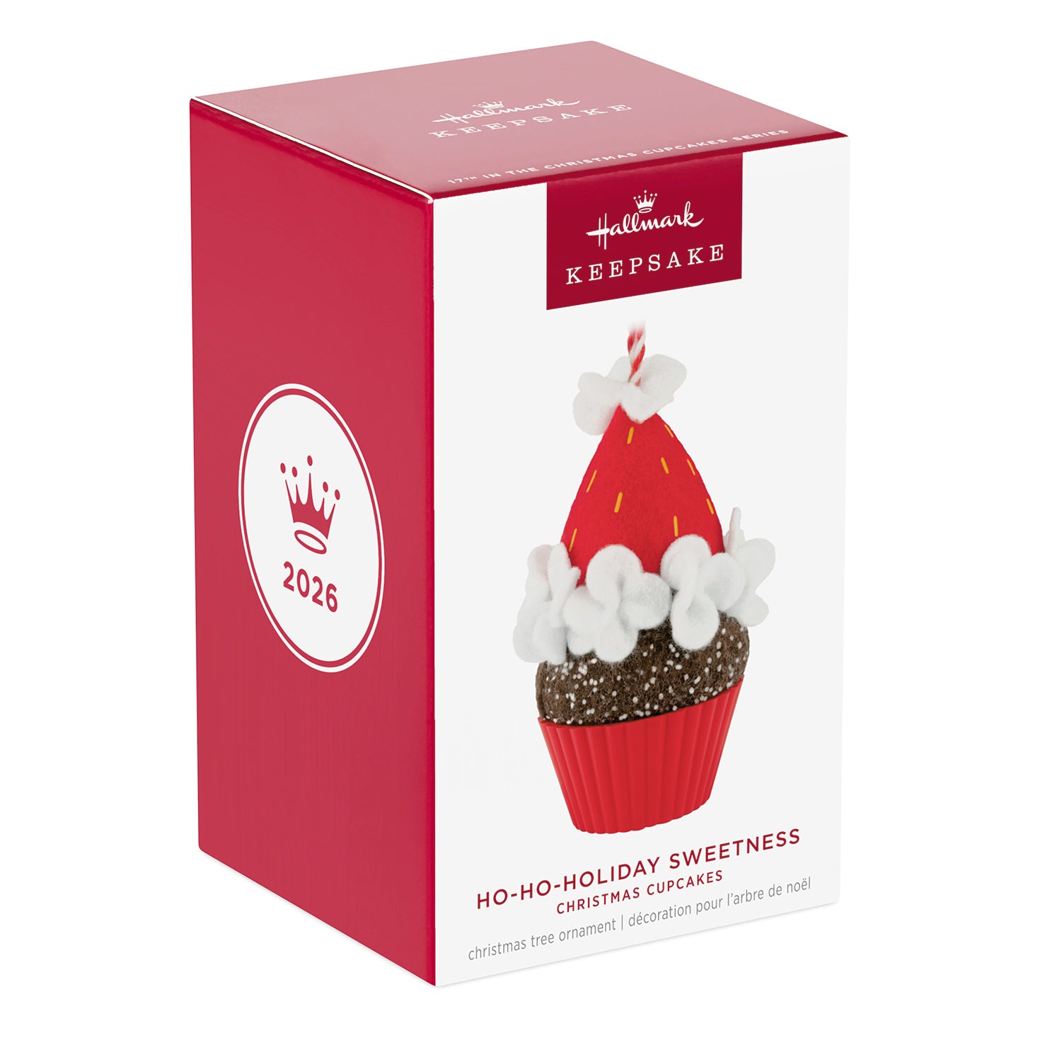 Christmas Cupcakes Ho-Ho-Holiday Sweetness, 17th in the series — 2026 Hallmark Keepsake Christmas Ornament box packaging, side view.