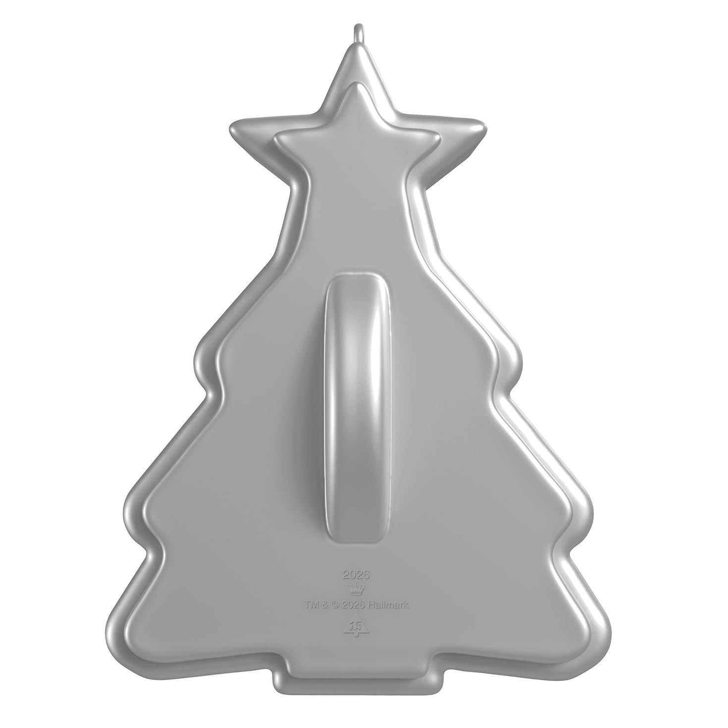 Cookie Cutter Christmas, 15th in the Series — 2026 Hallmark Keepsake Christmas Ornament, silver cookie cutter shaped like a Christmas tree, flat lay view.