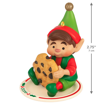 North Pole Tree Trimmers, 14th in the Series — 2026 Hallmark Keepsake Christmas Ornament, colourful elf holding a cookie on a dated Christmas plate.