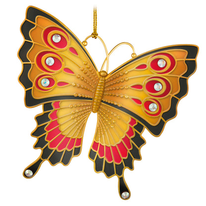 Brilliant Butterflies, 10th in the Series — 2026 Hallmark Keepsake Christmas Ornament featuring vibrant gold, red and black wings with gemstone accents, close-up view.