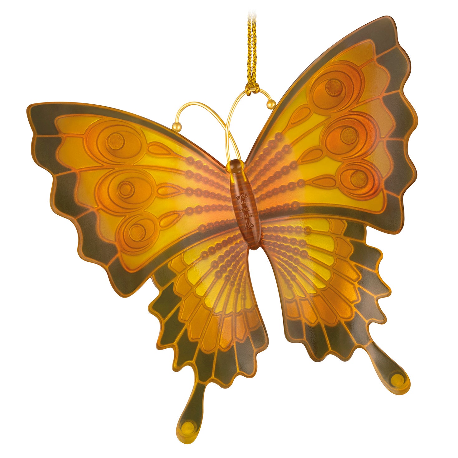 Brilliant Butterflies, 10th in the Series — 2026 Hallmark Keepsake Christmas Ornament, vibrant gold butterfly with intricate design, hanging view