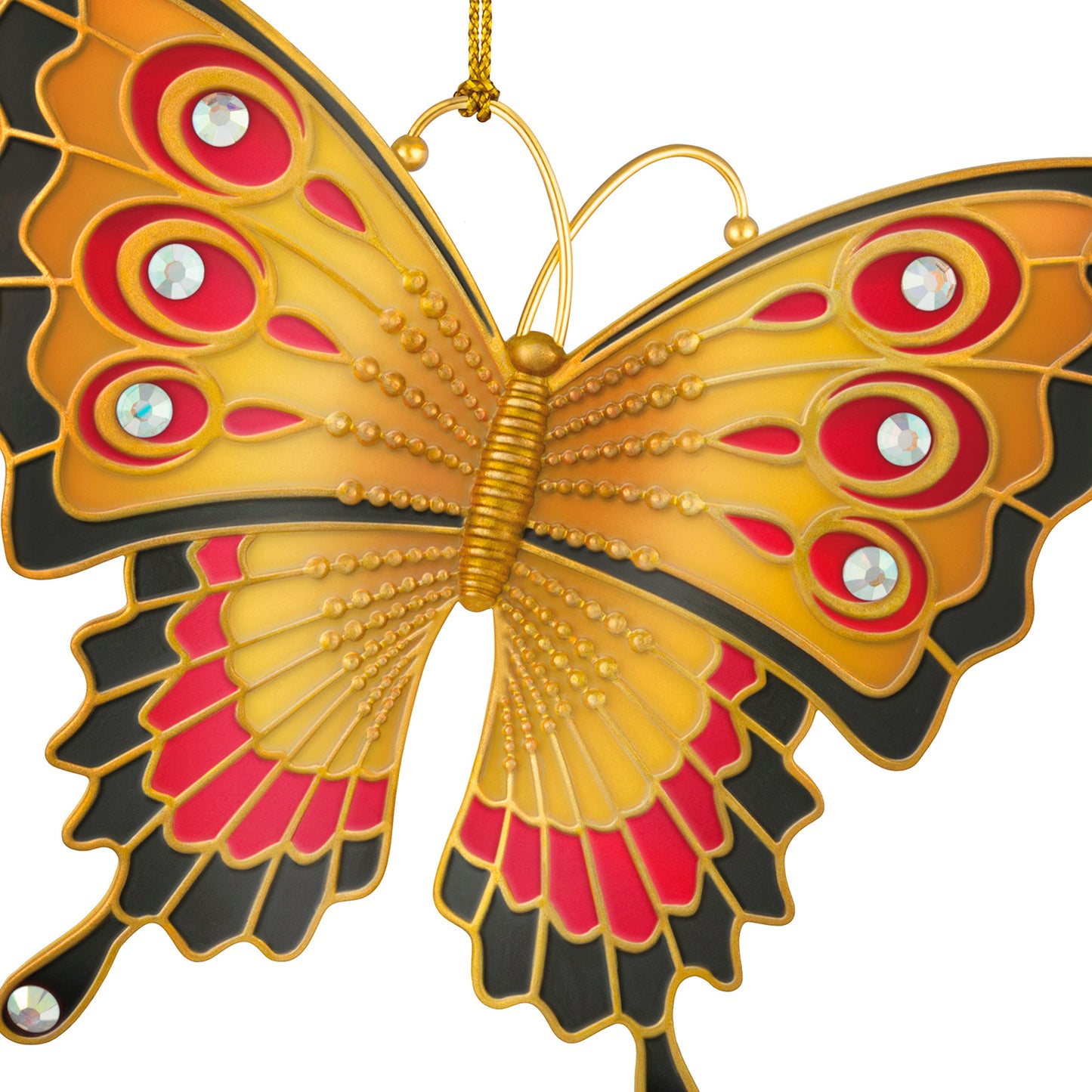 Brilliant Butterflies, 10th in the Series — 2026 Hallmark Keepsake Christmas Ornament with vibrant gold, red and black wings and gemstone accents, close up view.