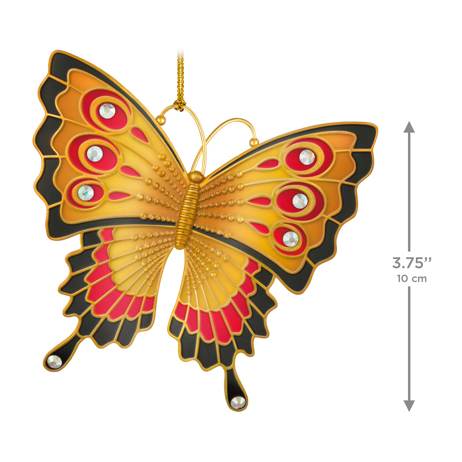 Brilliant Butterflies, 10th in the Series — 2026 Hallmark Keepsake Christmas Ornament featuring vibrant gold and red butterfly with gemstone accents, flat lay.