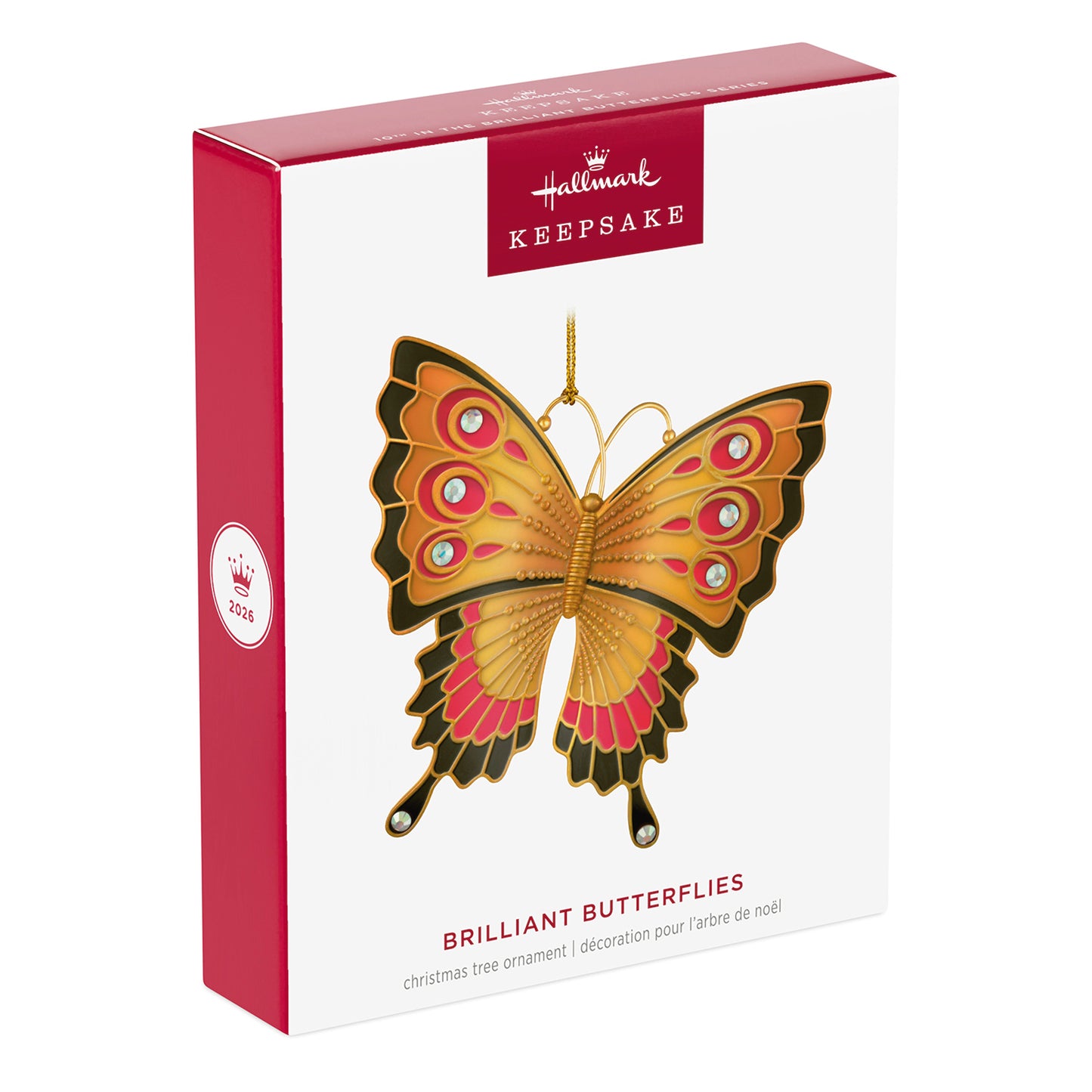 Brilliant Butterflies, 10th in the Series — 2026 Hallmark Keepsake Christmas Ornament packaging box featuring vibrant butterfly design and colours.