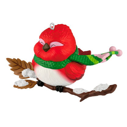 Cozy Critters, 10th in the Series — 2026 Hallmark Keepsake Christmas Ornament, red bird with green and pink scarf on snow-covered branch.