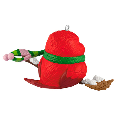 Cozy Critters, 10th in the Series — 2026 Hallmark Keepsake Christmas Ornament, vibrant red bird with green scarf, snowy branch detail.