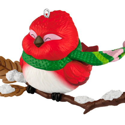 Cozy Critters, 10th in the Series — 2026 Hallmark Keepsake Christmas Ornament, featuring a bright red bird with green scarf perched on a snowy branch.