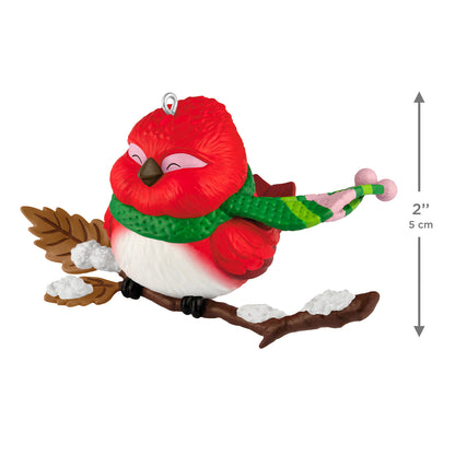 Cozy Critters, 10th in the Series — 2026 Hallmark Keepsake Christmas Ornament, red bird, wearing green and pink scarf, perched on snowy branch.