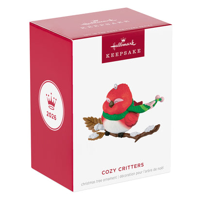 Cozy Critters, 10th in the Series — 2026 Hallmark Keepsake Christmas Ornament packaging box featuring a bright red bird ornament.