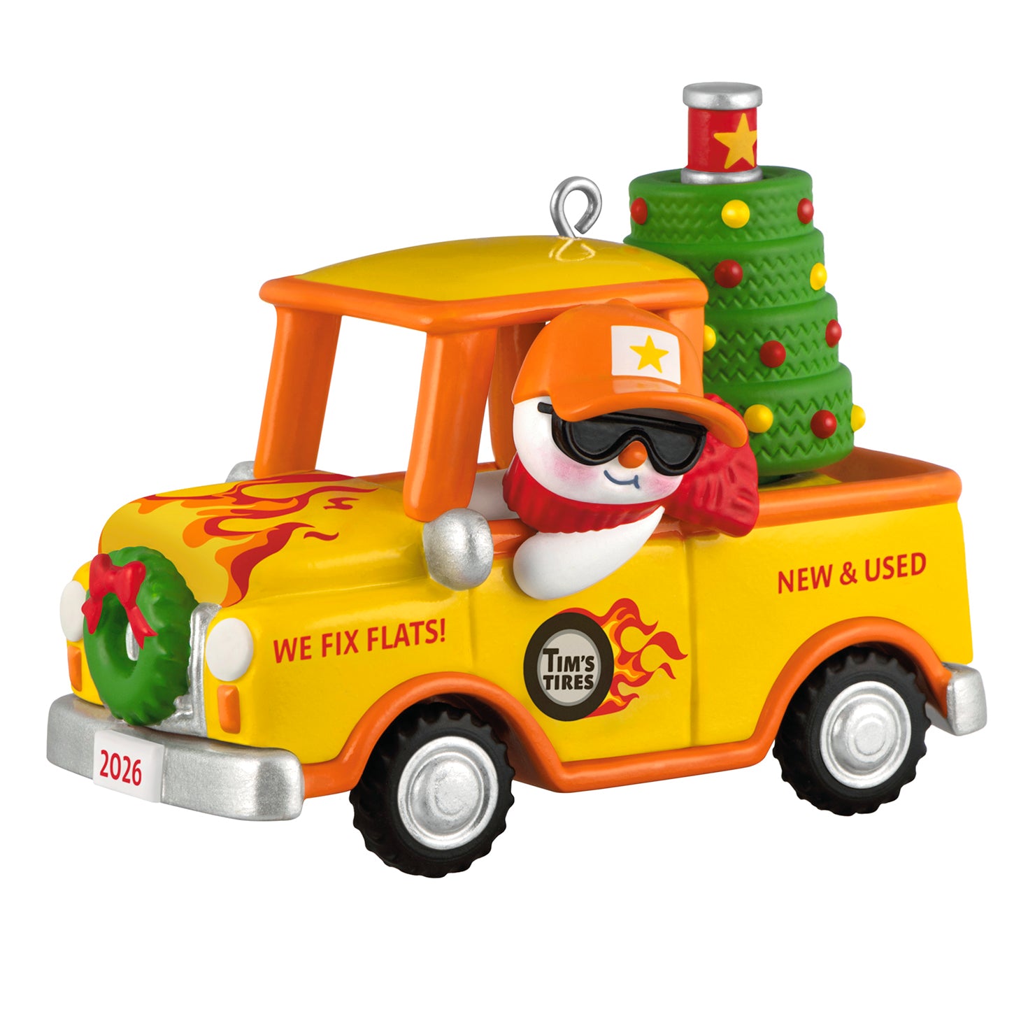 Holiday Parade 2026, 8th in the Series — 2026 Hallmark Keepsake Christmas Ornament, snowman driver in a bright pickup truck with Christmas tree