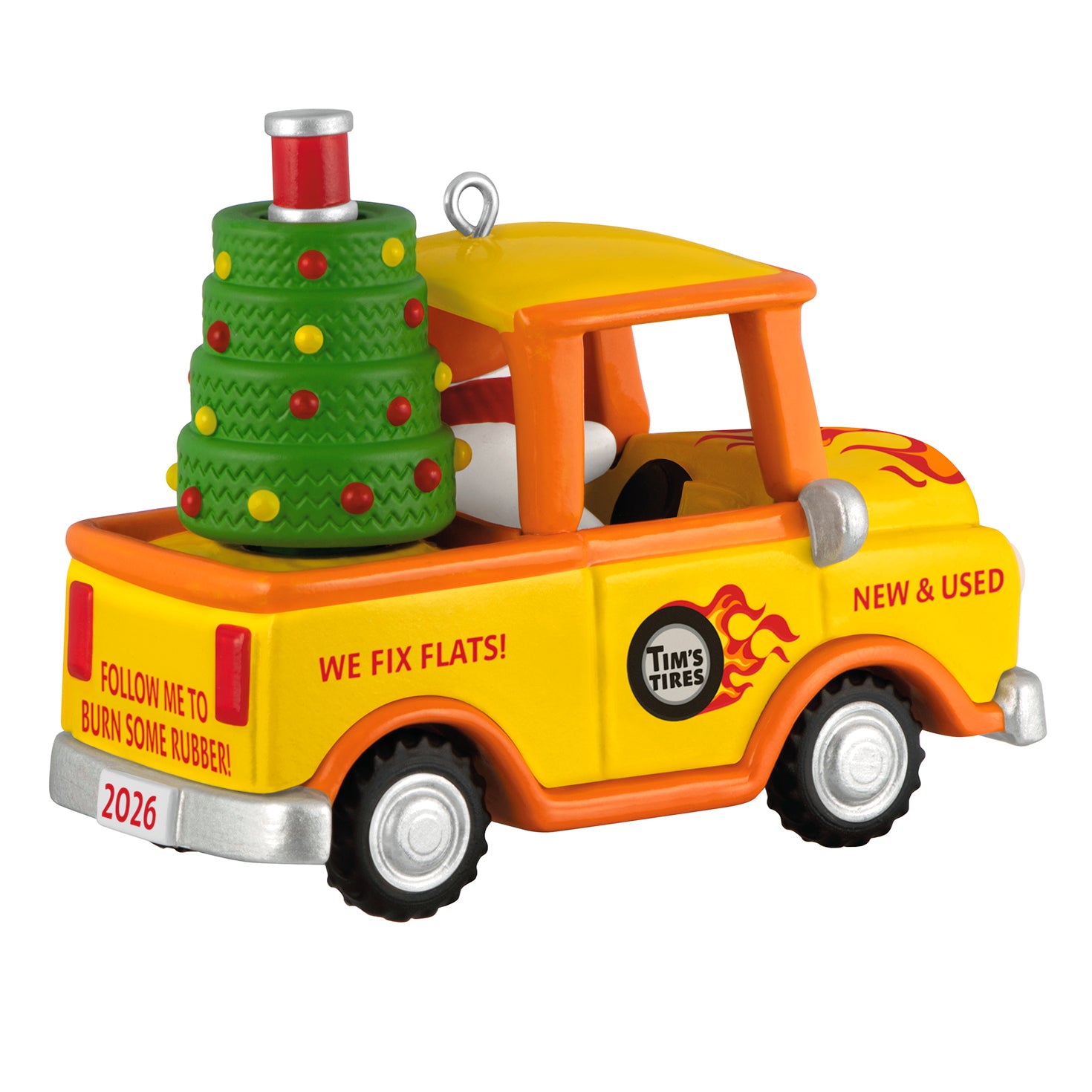 Holiday Parade 2026, 8th in the Series — 2026 Hallmark Keepsake Christmas Ornament, Tim's Tires pickup truck, side view with festive tree.