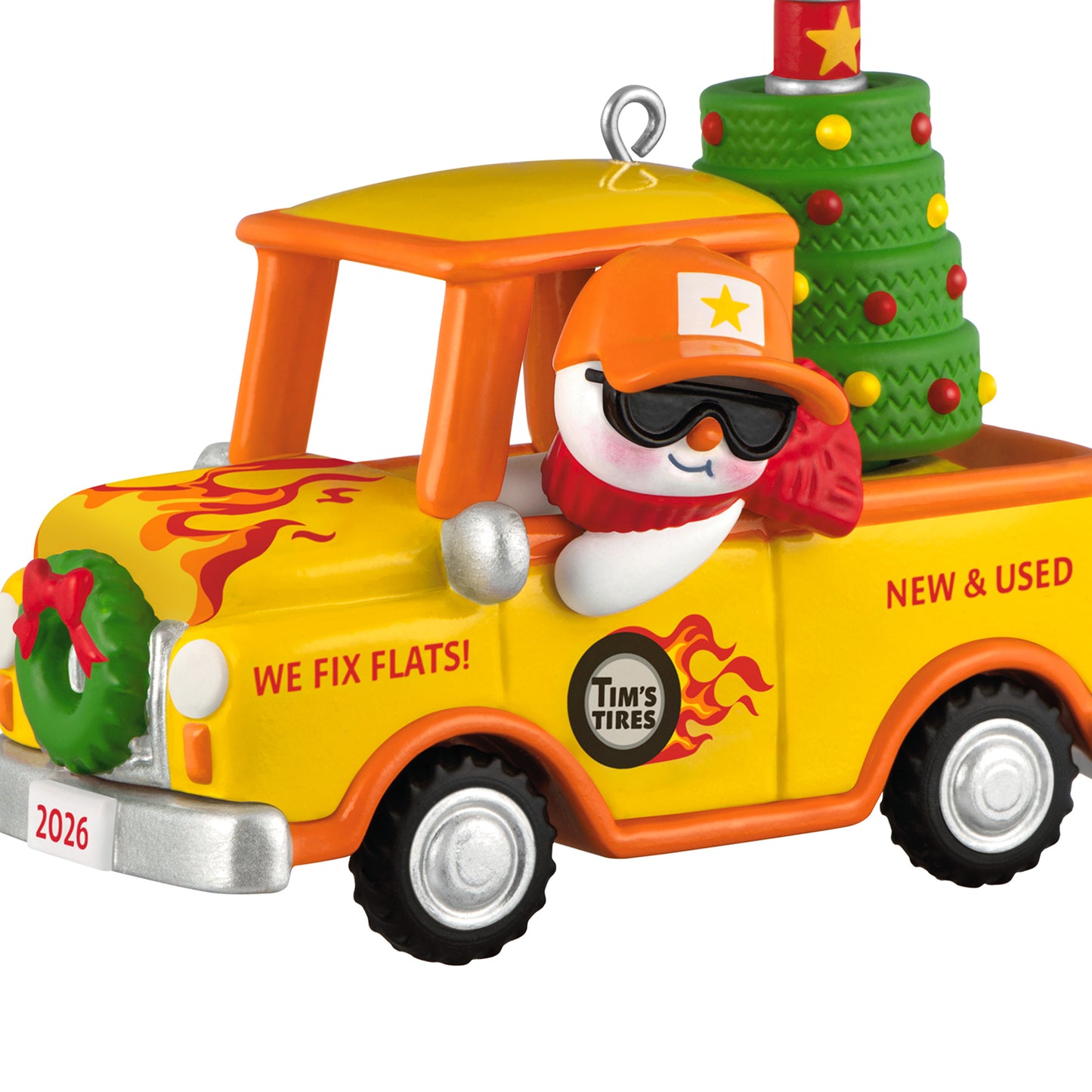 Holiday Parade 2026, 8th in the Series — 2026 Hallmark Keepsake Christmas Ornament featuring a snowman in a bright yellow pickup truck with a Christmas tree.