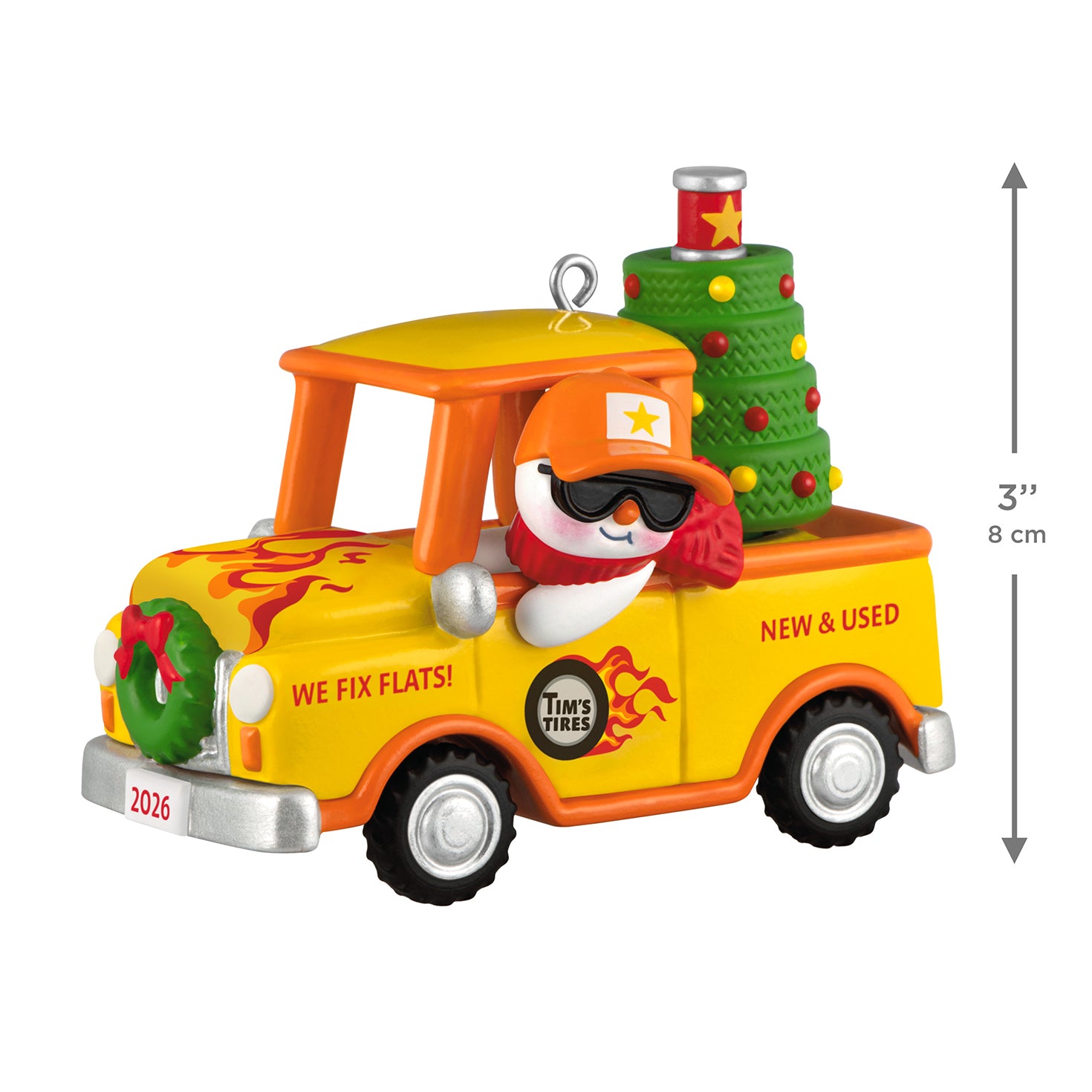 Holiday Parade 2026, 8th in the Series — 2026 Hallmark Keepsake Christmas Ornament, yellow pickup truck with snowman and Christmas tree, flat lay view