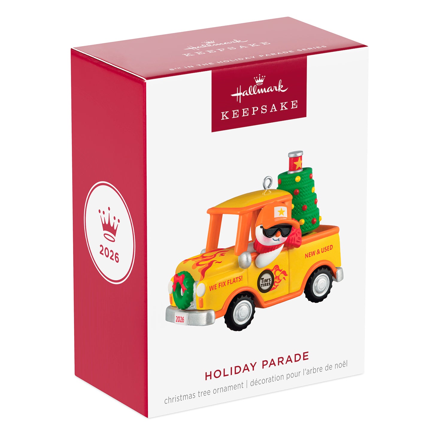 Holiday Parade 2026, 8th in the Series — 2026 Hallmark Keepsake Christmas Ornament in festive packaging featuring a pickup truck with a Christmas tree.