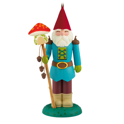 Noble Nutcrackers Lord of Gnomeshire, 8th in the Series — 2026 Hallmark Keepsake Christmas Ornament, colourful gnome figure with mushroom staff, front view.
