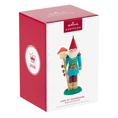 Noble Nutcrackers Lord of Gnomeshire, 8th in the Series — 2026 Hallmark Keepsake Christmas Ornament in box with vibrant blue and red design.