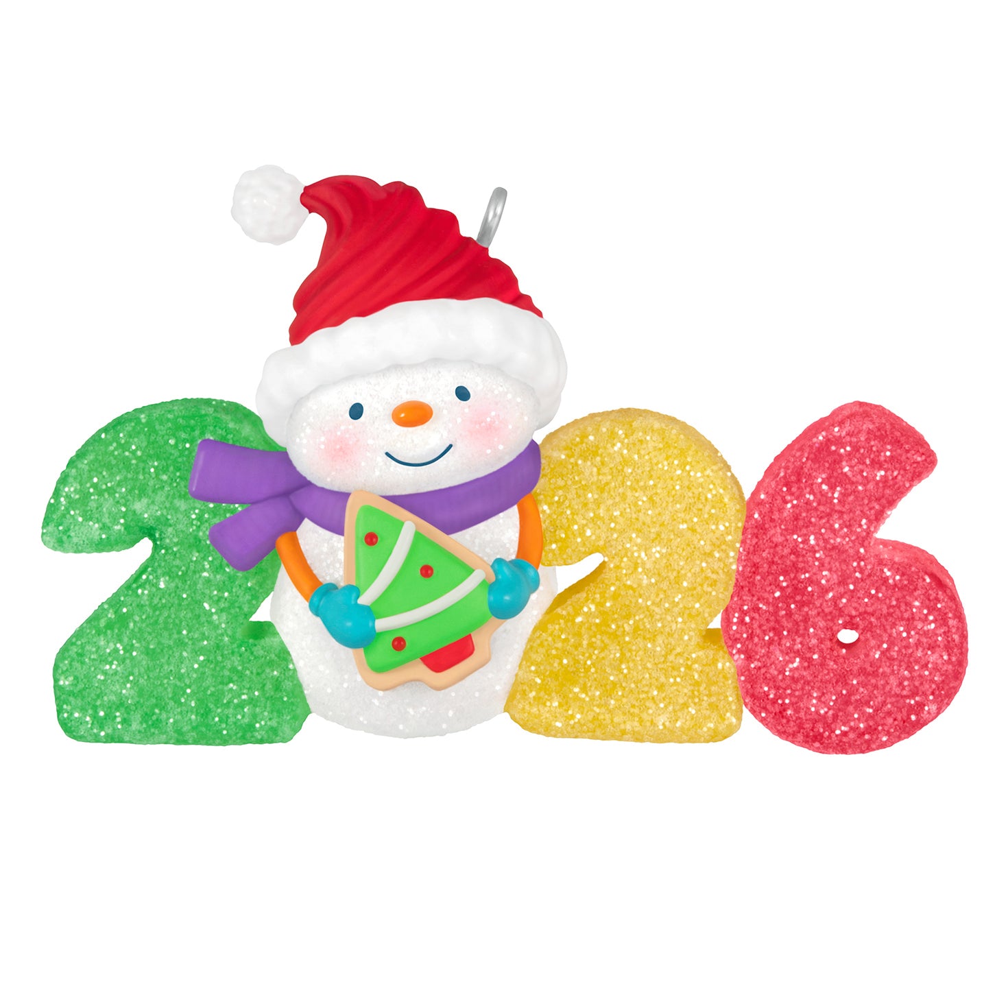Sweet Decade 2026, 7th in the Series — 2026 Hallmark Keepsake Christmas Ornament featuring a glittery snowman with a cookie among colourful numbers.
