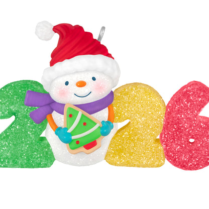 Sweet Decade 2026, 7th in the Series — 2026 Hallmark Keepsake Christmas Ornament, glittery snowman in Santa hat with colourful gumdrop numbers.