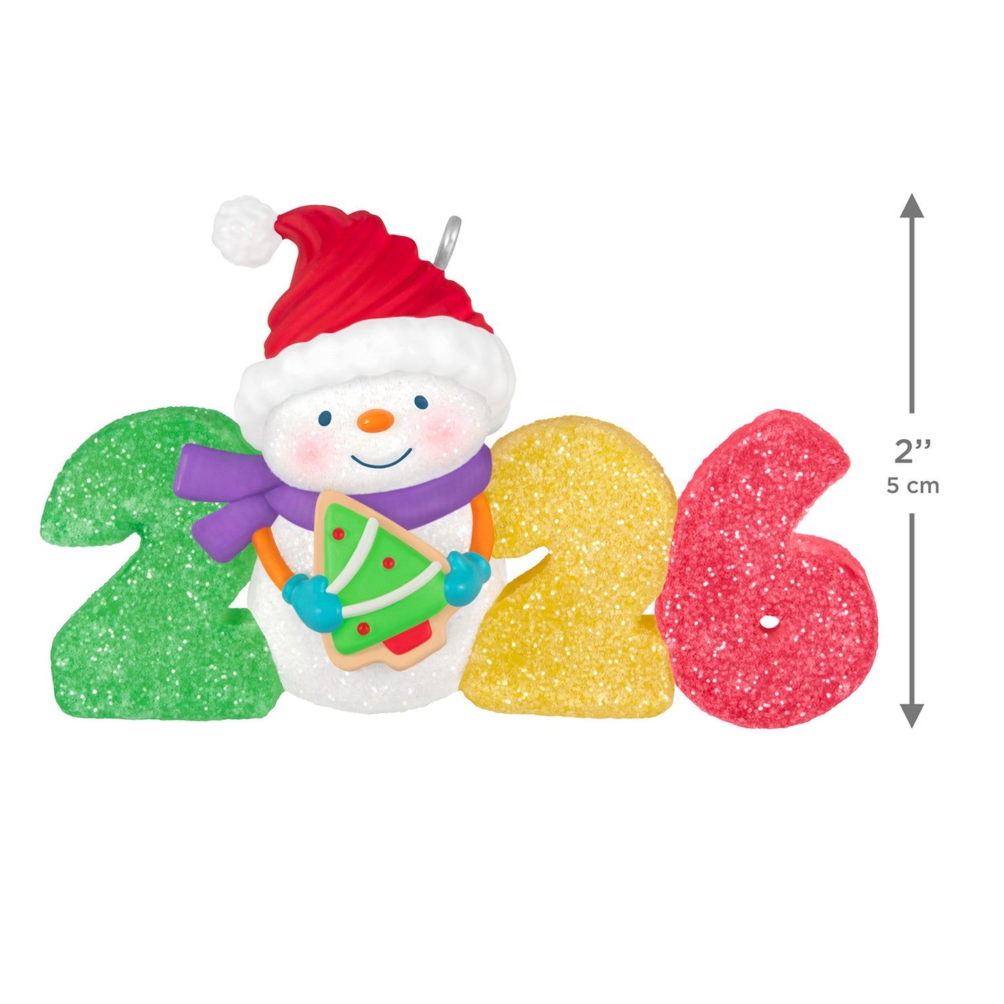 Sweet Decade 2026, 7th in the Series — 2026 Hallmark Keepsake Christmas Ornament featuring a snowman with a Santa hat, colourful glitter numbers, and a Christmas tree cookie, flat lay.