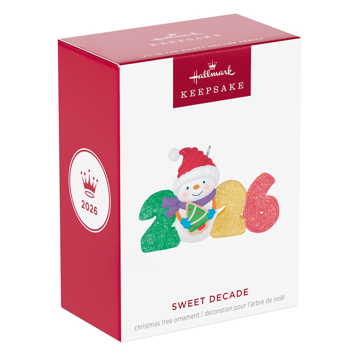 Sweet Decade 2026, 7th in the Series — 2026 Hallmark Keepsake Christmas Ornament packaging featuring a snowman and vibrant gumdrop numbers.