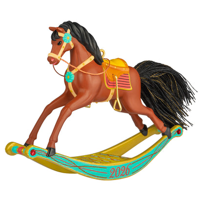 Rocking Horse Memories 2026, 7th in the Series — 2026 Hallmark Keepsake Christmas Ornament, brown rocking horse, teal and gold accents, angled view