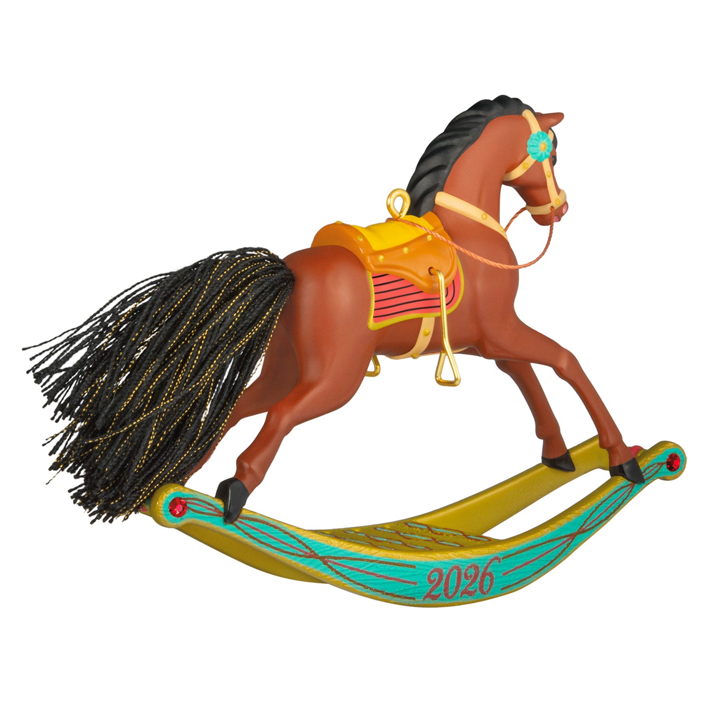 Rocking Horse Memories 2026, 7th in the Series — 2026 Hallmark Keepsake Christmas Ornament, detailed rocking horse with golden brown coat and colourful saddle.