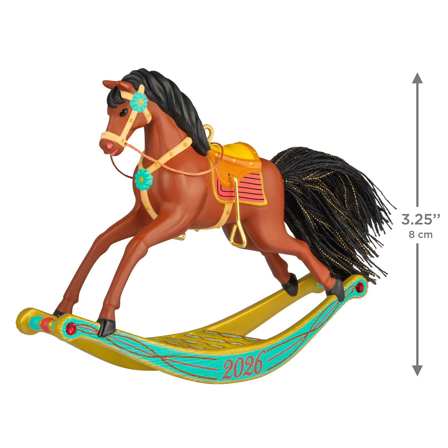 Rocking Horse Memories 2026, 7th in the Series — 2026 Hallmark Keepsake Christmas Ornament, colourful rocking horse with detailed mane and saddle, angled view.