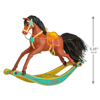 Rocking Horse Memories 2026, 7th in the Series — 2026 Hallmark Keepsake Christmas Ornament, colourful rocking horse with detailed mane and saddle, angled view.