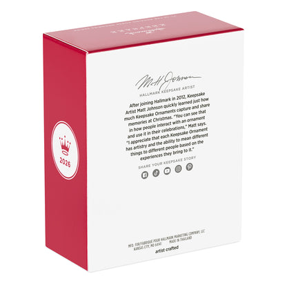 Rocking Horse Memories 2026, 7th in the Series — 2026 Hallmark Keepsake Christmas Ornament packaging featuring artist Matt Johnson's details.