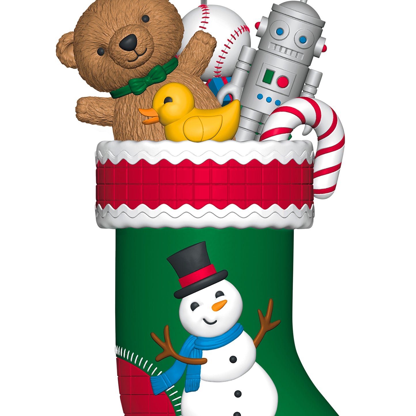 Stocking Stuffers, 6th in the Series — 2026 Hallmark Keepsake Christmas Ornament in green with toys like a teddy bear and robot, close-up view.